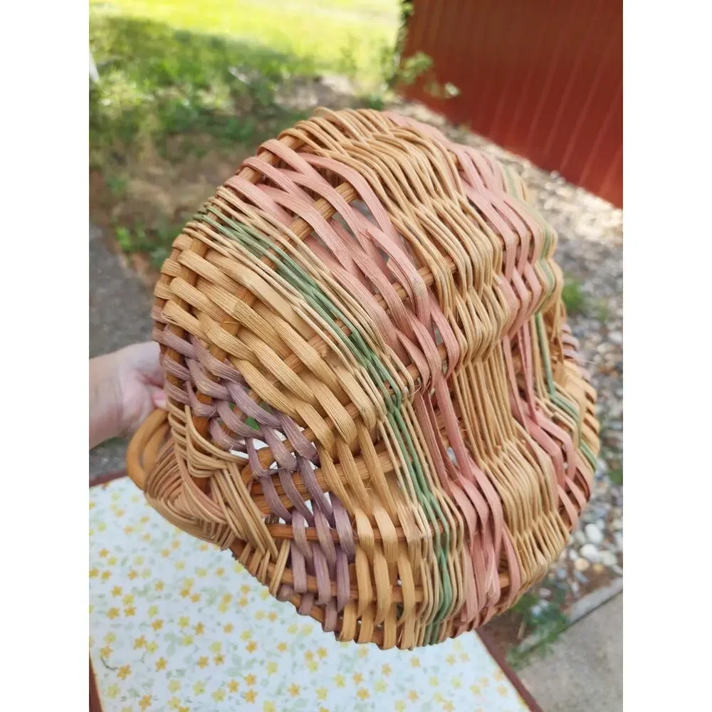 Vtg Buttocks Hand Woven Basket Grapevine Or Willow Handle Multi Color Pastels